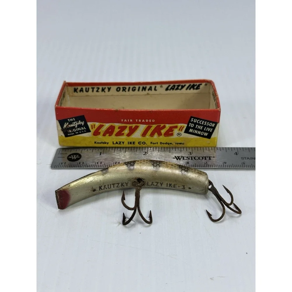 Vintage Kautzky Lazy Ike 3 Wooden Fishing Lure Original Box Is In Ruff Shape